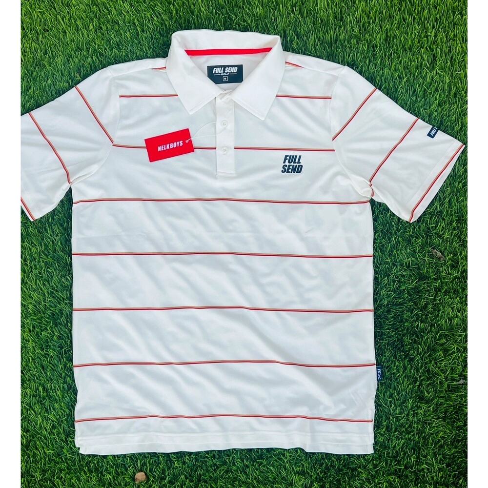 Full Send Golf Polo Small | White/Red Stripes | New w/ Tags | Nelk Boys Brand